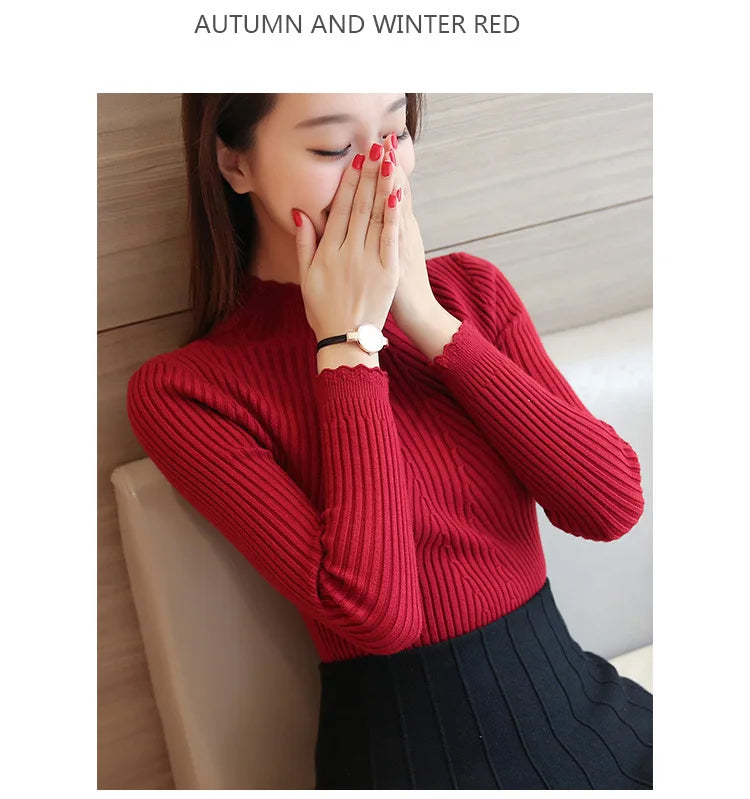 "2025 Autumn Women’s Mock Neck Ruffle Sweater, Long Sleeve Knitted Pullover"