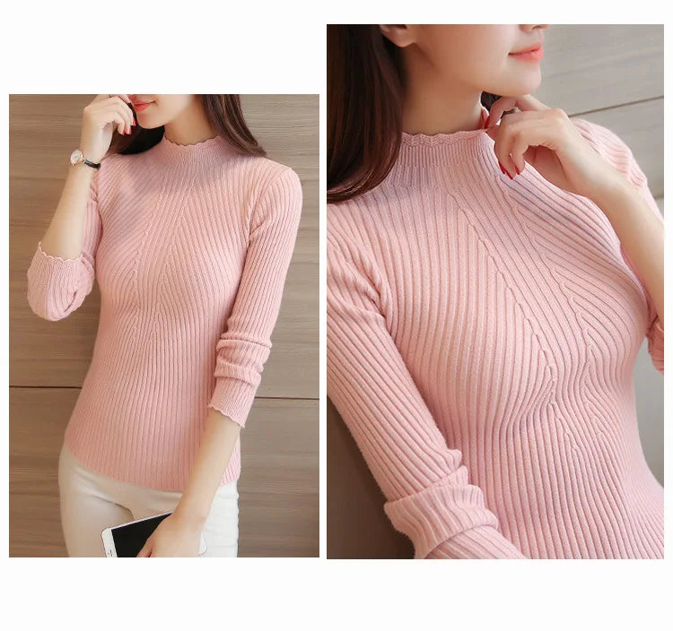 "2025 Autumn Women’s Mock Neck Ruffle Sweater, Long Sleeve Knitted Pullover"