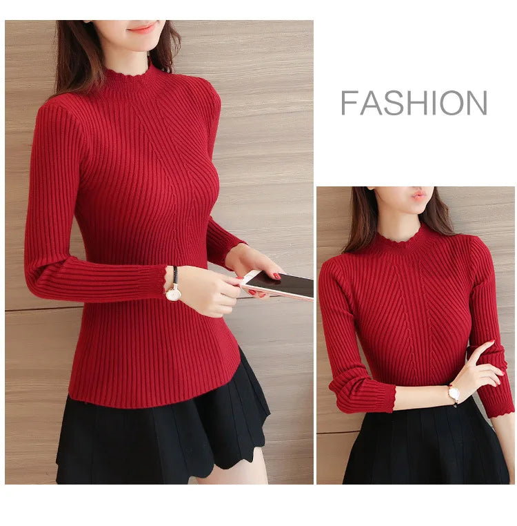 "2025 Autumn Women’s Mock Neck Ruffle Sweater, Long Sleeve Knitted Pullover"