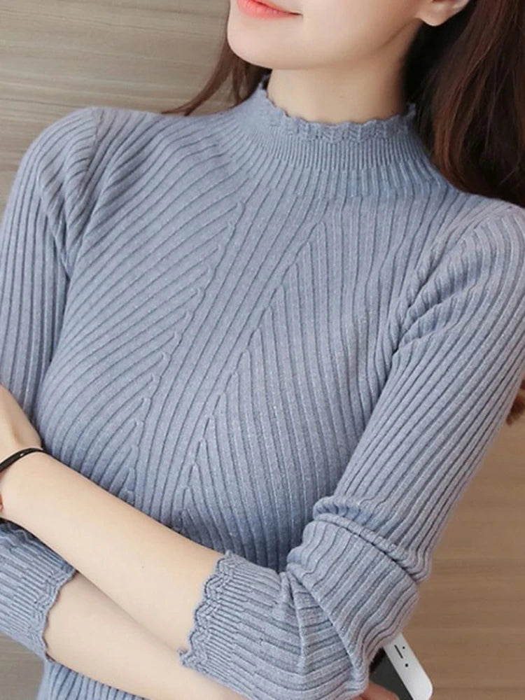 "2025 Autumn Women’s Mock Neck Ruffle Sweater, Long Sleeve Knitted Pullover"