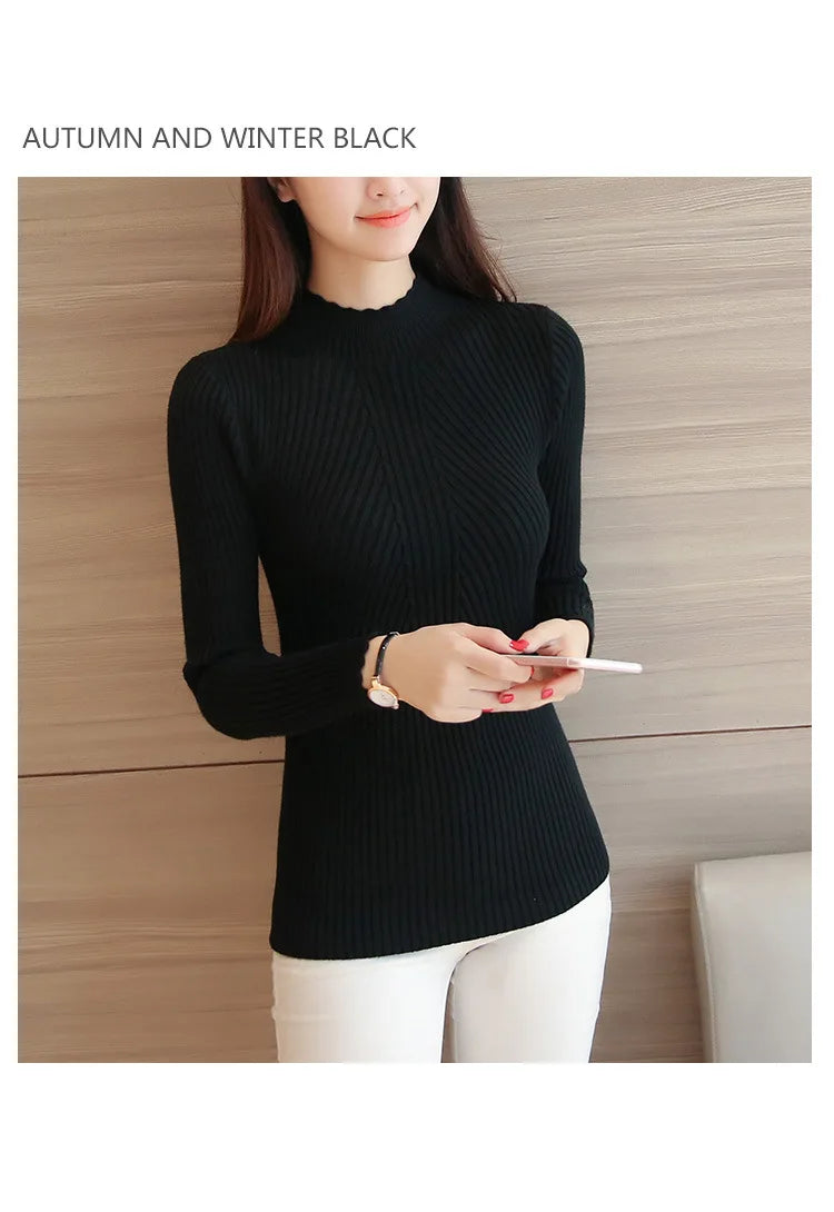 "2025 Autumn Women’s Mock Neck Ruffle Sweater, Long Sleeve Knitted Pullover"