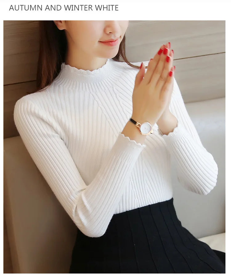 "2025 Autumn Women’s Mock Neck Ruffle Sweater, Long Sleeve Knitted Pullover"