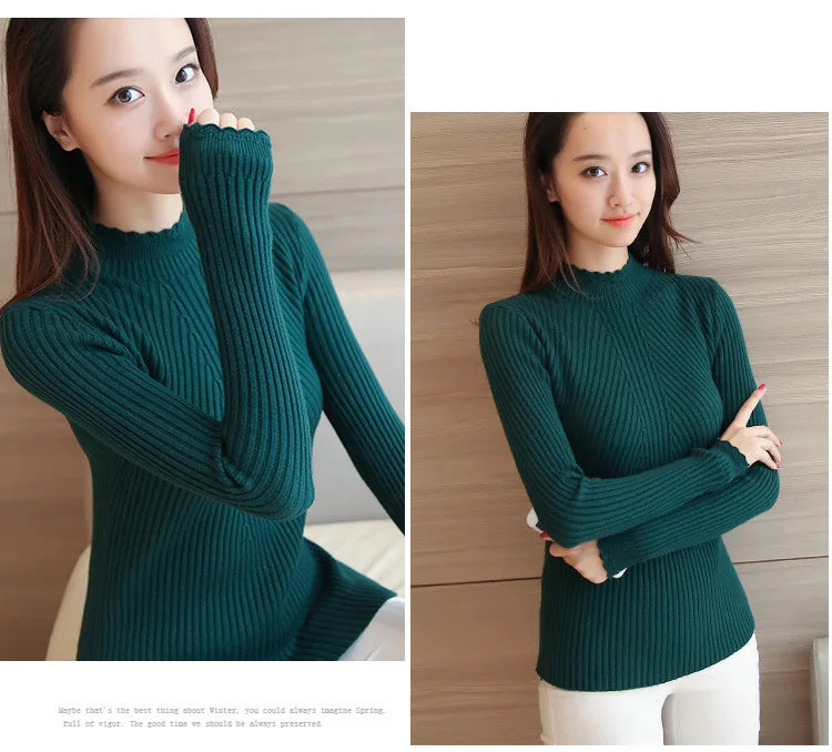 "2025 Autumn Women’s Mock Neck Ruffle Sweater, Long Sleeve Knitted Pullover"