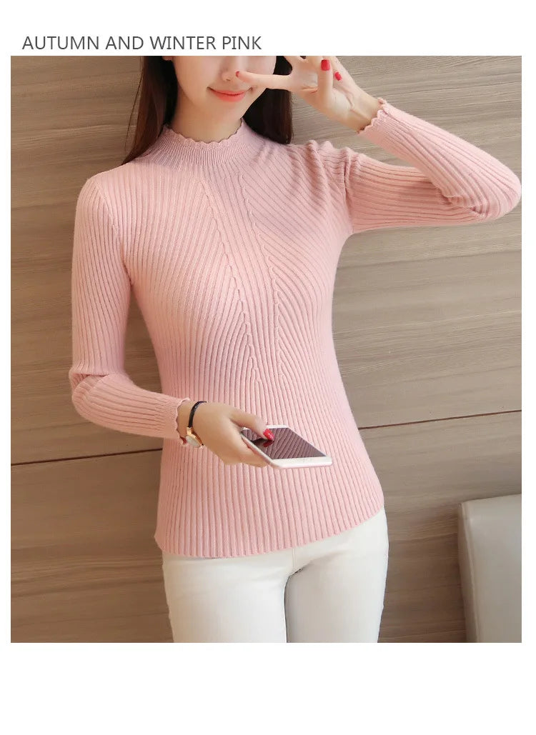 "2025 Autumn Women’s Mock Neck Ruffle Sweater, Long Sleeve Knitted Pullover"