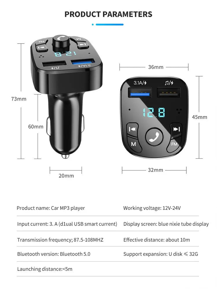 Car MP3 Player, Dual USB Fast Charger, Bluetooth 5.0 FM Transmitter.