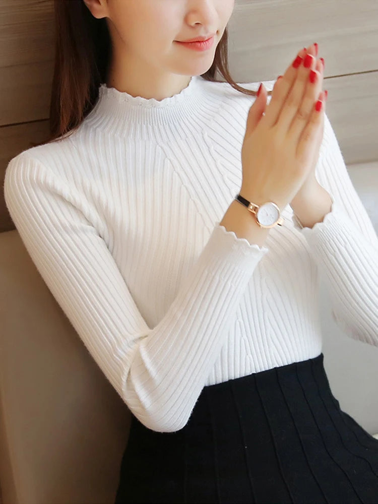 "2025 Autumn Women’s Mock Neck Ruffle Sweater, Long Sleeve Knitted Pullover"