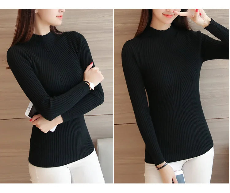 "2025 Autumn Women’s Mock Neck Ruffle Sweater, Long Sleeve Knitted Pullover"