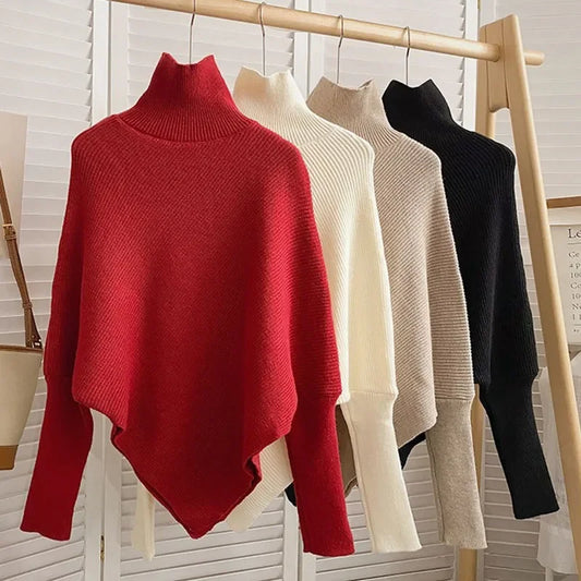 "2025 Women’s Irregular Loose Knit Sweater, High Neck Long Sleeve Pullover"