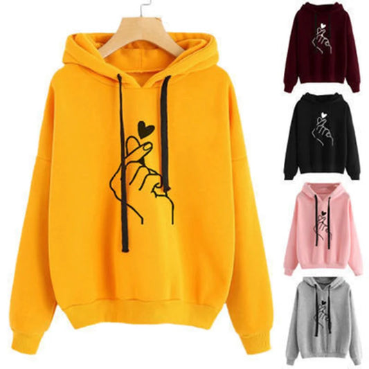 "Autumn Fleece Hoodie, Korean Fashion Finger Heart Sweatshirt with Drawstring & Pockets"