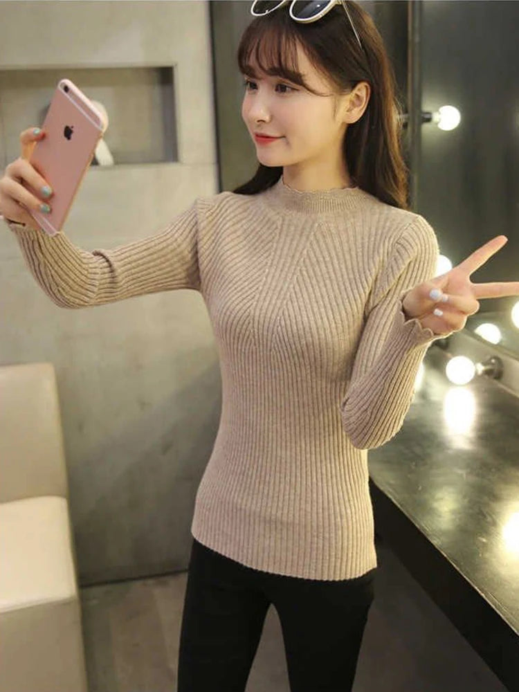 "2025 Autumn Women’s Mock Neck Ruffle Sweater, Long Sleeve Knitted Pullover"