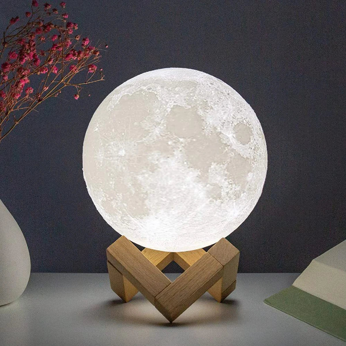 8cm Moon Lamp LED, Battery Powered, with Stand, Starry Bedroom Decor.